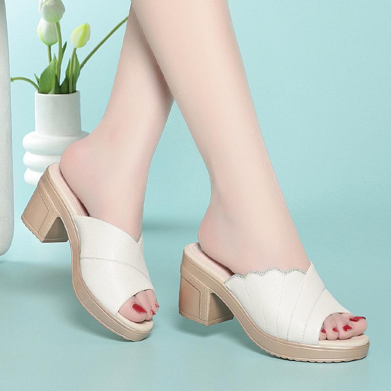 

7cm All Match Comfortable Soft Leather Slippers Platform Shoes Summer 2025 Med Block Heels Slides Women for Office Mom Beach 34