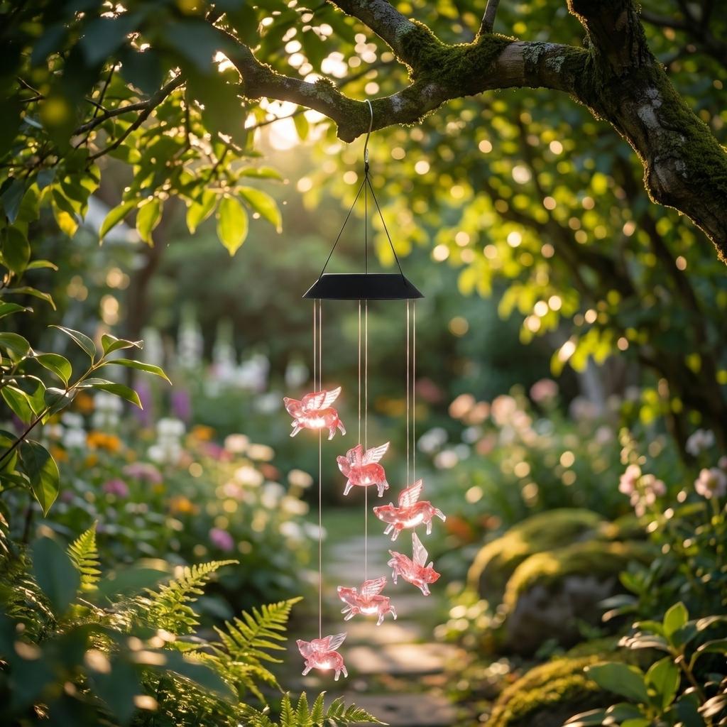 Solarbetriebene Outdoor-Windspiel-Lichterkette Hängende Dekoration mit fliegendem Schweinedesign für Garten Terrasse Hof Veranda und Landschaftsbeleuchtung