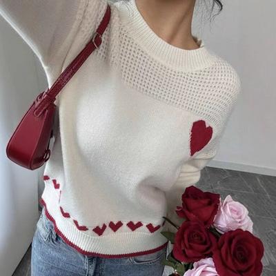Women's Crew Neck Long Sleeve Heart Pattern Knit Sweater Loose Fit Casual Pullover