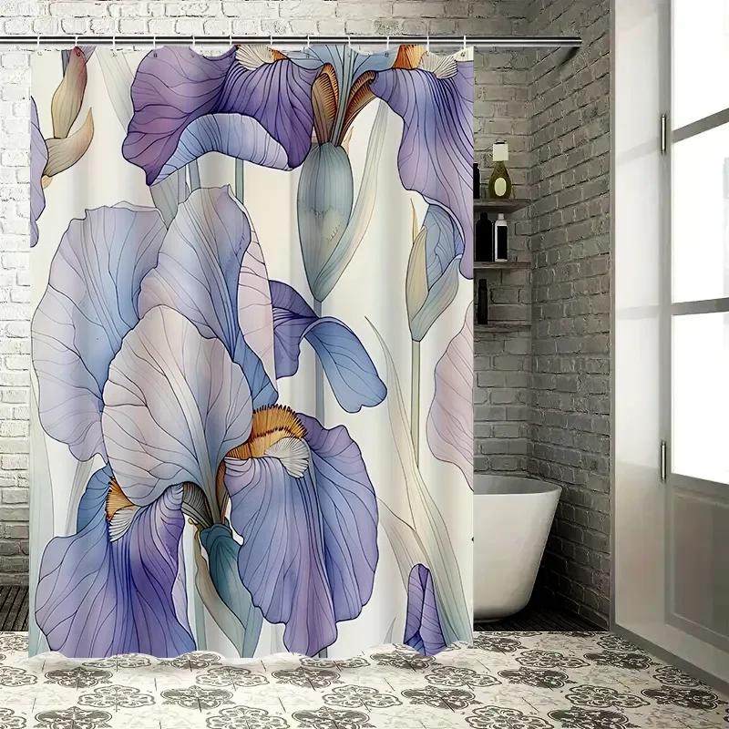 Elegant Iris Flower Pattern Shower Curtain for Home Decor - Soft Purple and Blue Floral Design Waterproof Bathroom Accessory
