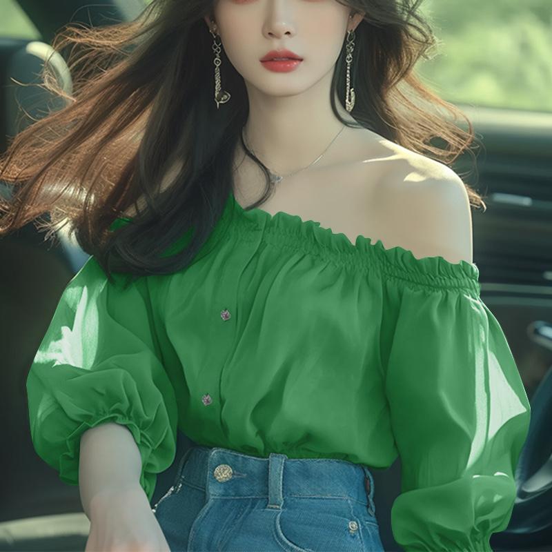 

VONDA Summer Women Ruffled Off Shoulder Puff Short Sleeve Solid Color Thin Blouses 3XL зелёный