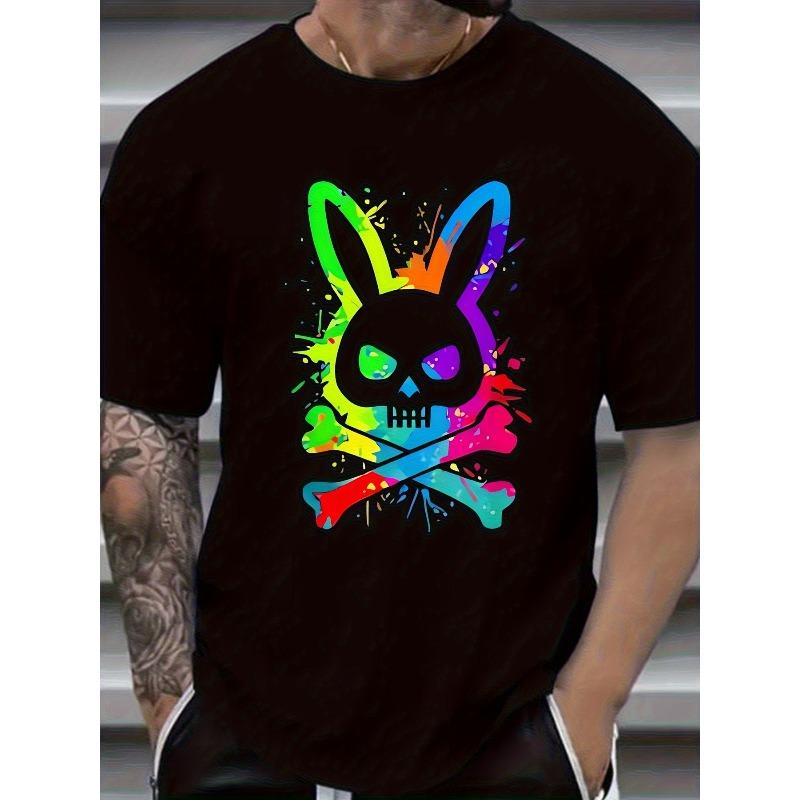European Size Men s Rainbow Bunny Skull Cross Art Pattern T-Shirt Urban Style Retro Style Premium Retro Style Distressed Look Commemorative Pattern S чёрный