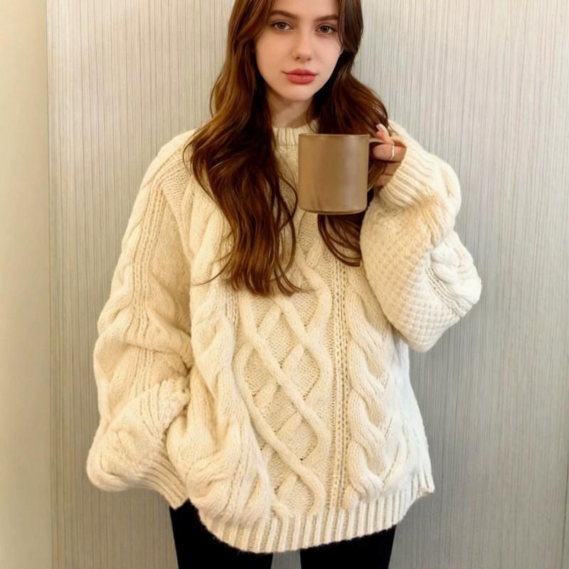 2026 Fall Winter Loose Lazy Thick Knit Sweater Women Casual Long Sleeve Pullover