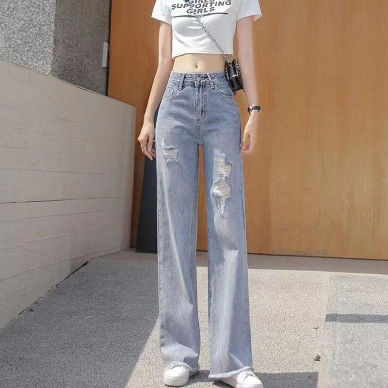 Women s Summer Light Frayed High Waist Wide Leg Jeans XS