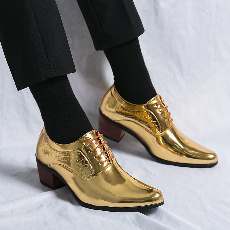 Luxury Gold Pointed Dress Shoes Men High Heels Fashion Glitter Wedding Party Shoes Men Italian Oxfords Formal Leather Shoes Man