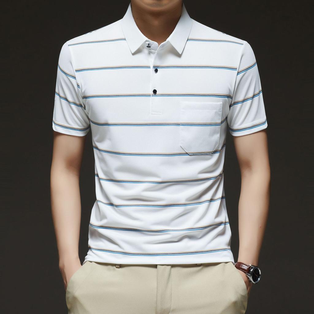 Ice Silk Short-Sleeved T-Shirt Men'S Mid-Lapel Collar Striped Printed Thin High-Elastic Polo Shirt Men'S
