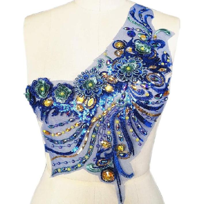 Handmade Sewn on The Web 3D Lace Rhinestones Applique Crystal Patches with Stones Sequins Beads Wedding Dress Accessories (Yellow)