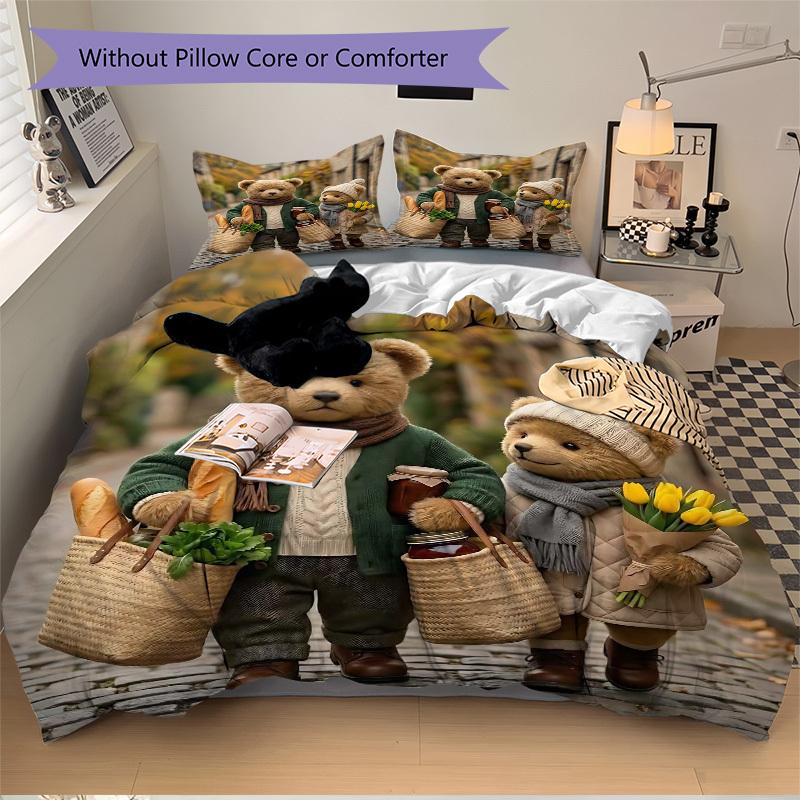 

3 шт. Аниме Набор постельного белья с плюшевым мишкой - Включает один пододеяльник и две наволочки (Нет ядра) - Идеально подходит для декора спальни и гостевой комнаты, 135x200cm