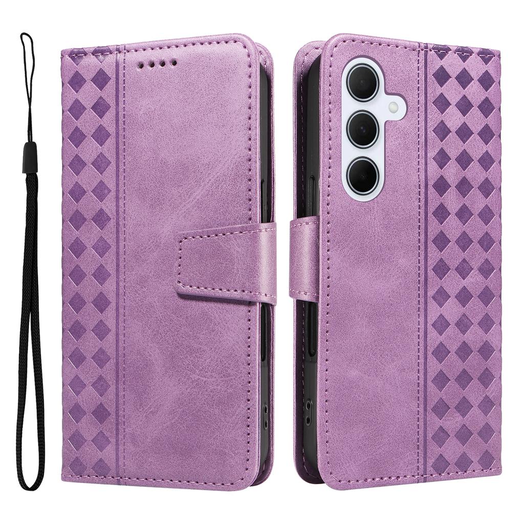 For Samsung Galaxy A55 5G Leather Case Wallet Stand Grids Imprinted Phone Cover with Strap
