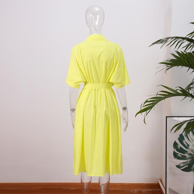 Casual Women's Lace Up Dress Single-Breasted Turn-Down Collar Short Sleeve Lady Dresses Loose Female Robe