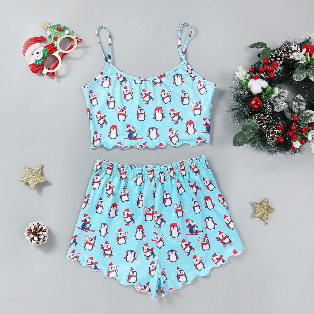 Christmas Style Milk Silk Camisole and Shorts Two-Piece Pajama Set