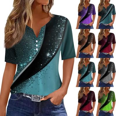 Damska koszulka T-shirt z nadrukiem Przycisk z krótkim rękawem Codzienny weekend Moda Podstawowy Dekolt w kształcie litery V Regularny top