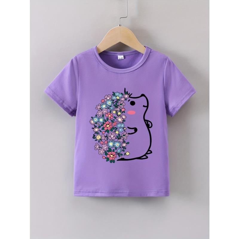 Girls  Summer Short-Sleeve Cartoon  Flower Hedgehog  Print T-Shirt 110
