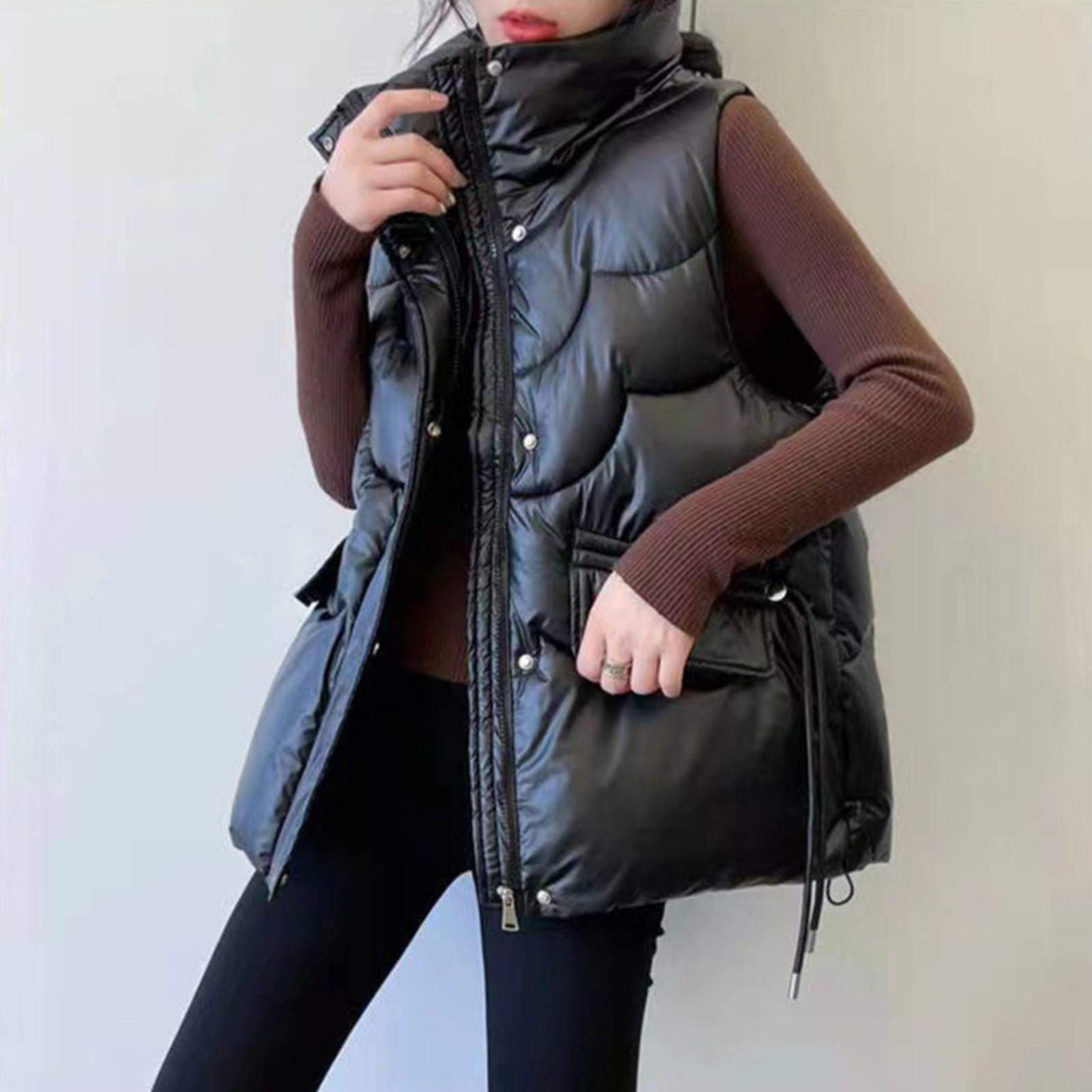 

Женская мода, повседневный короткий однотонный жилет на молнии на пуху, верхнее наружное пальто M чёрный