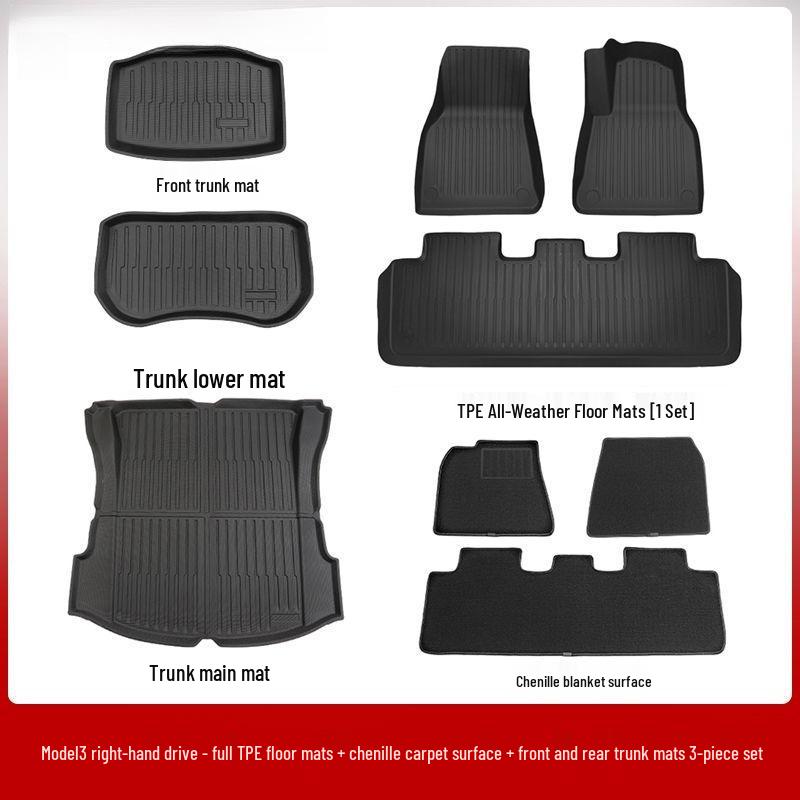 Right-Hand Drive Tesla Model Y/3 Refresh Foot Pad Carpet for Hong Kong - Front & Rear Trunk