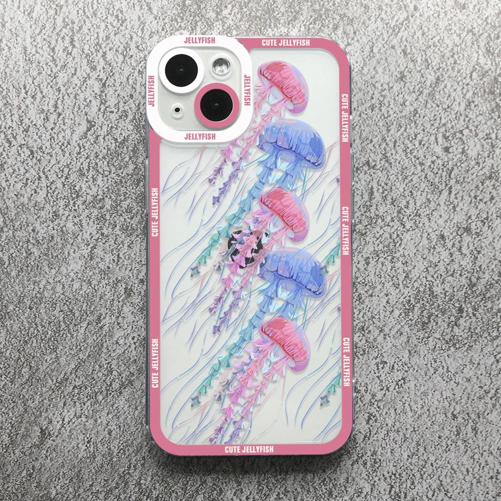 Funny Cartoon Jellyfish Phone Case For iPhone 17 16 15 14 13 12 11 Pro Max Mini Plus 7 8 Air Shockproof Transparent Soft Cover