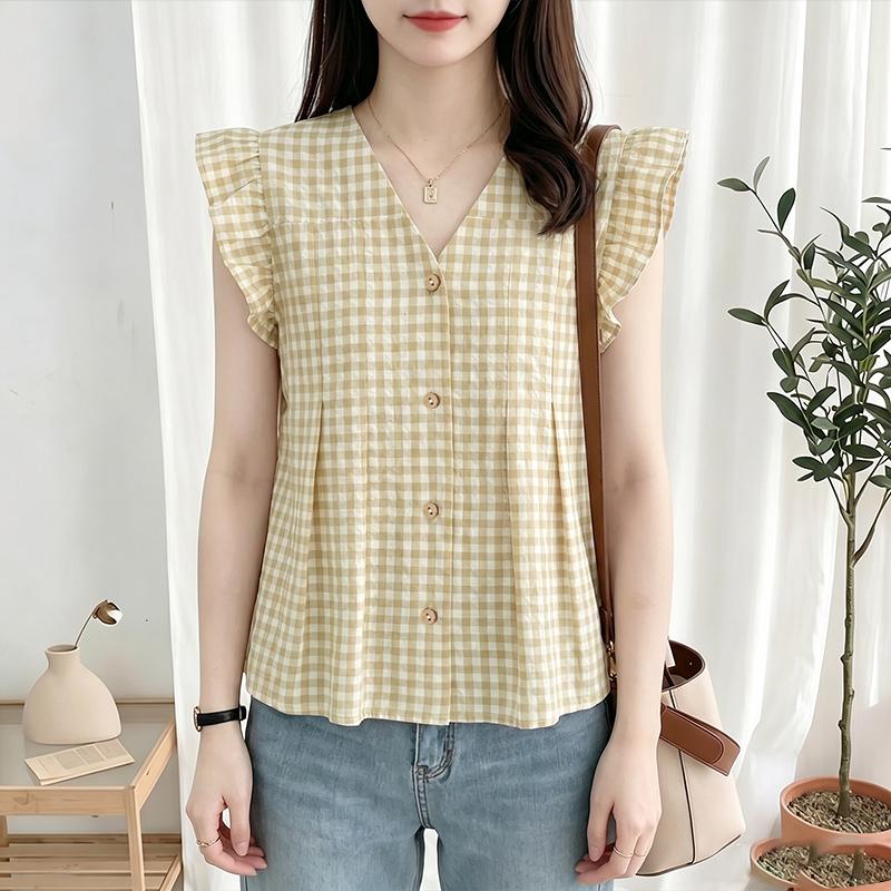 ZANZEA Women Casual V-Neck Ruffles Short Sleeve Plaid Print Blouse
