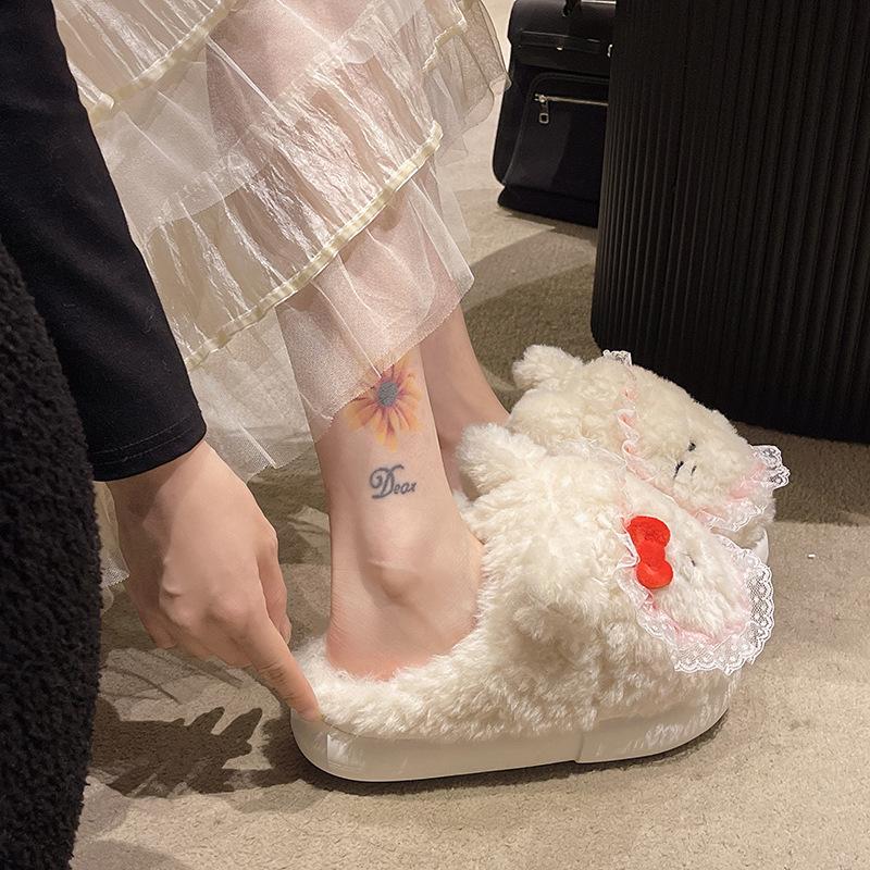Cute Kitty Fluffy Slippers Women Wear Plush Bag Head Drag 2025 Autumn and Winter New Home Flat Cotton Slippers