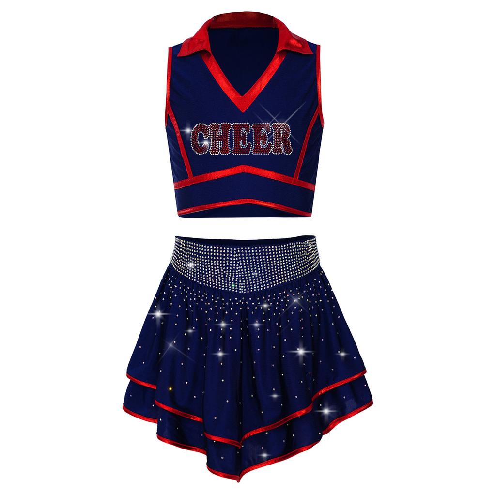 Kids Cheerleading Competition Wear V Neck Crop Top Rhinestone Trim Sleeveless with Built-in Shorts and Asymmetrical Ruffled Skirt