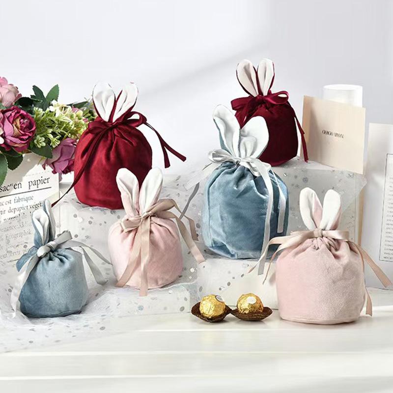 Easter Rabbit Ear Velvet Bag Cartoon Rabbit Printed Easter Egg Packaging Bag Candy Bag Party Gift BoxCute Rabbit Bundle Pocket