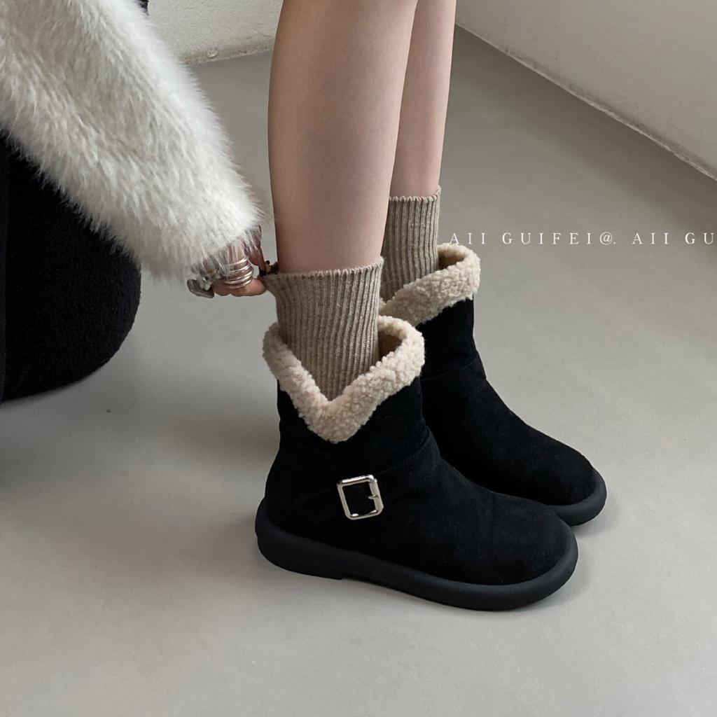 2025 autumn and winter new round head thick-soled fluffy snow boken outer wear one word with matte thick-soled warm short boots women