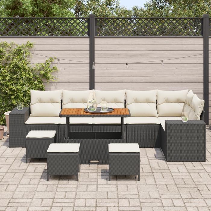 Jeu de canapé jardin 10 pièces avec coussins en poly rotin noir acacia, jeu de salle à manger jardin 4 pièces avec coussins 3362030
