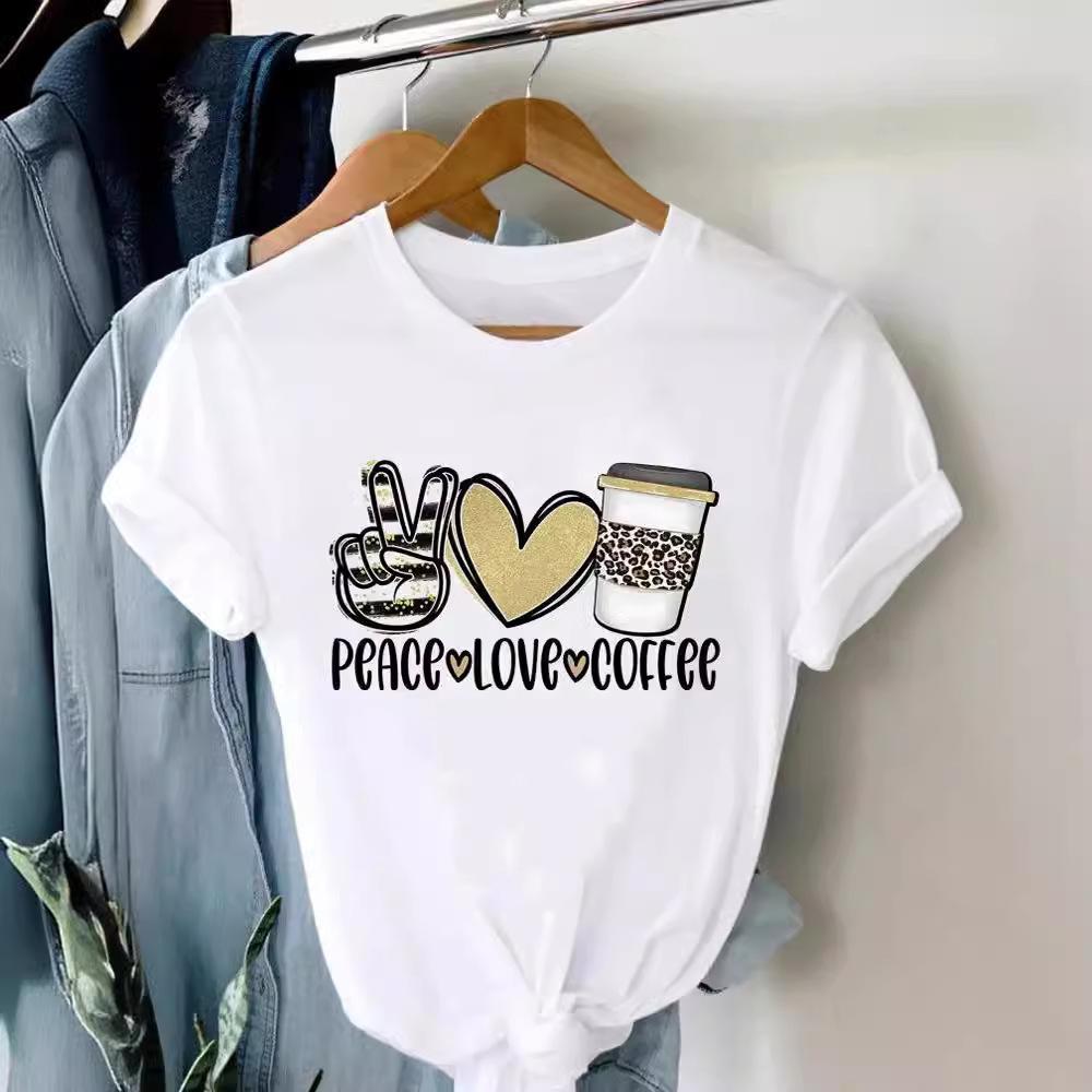 Sommar Rundhalsad Tryckt Topp Trendig Vardaglig Söt Kortärmad Dam Ren Bomull Ren Vit T-shirts