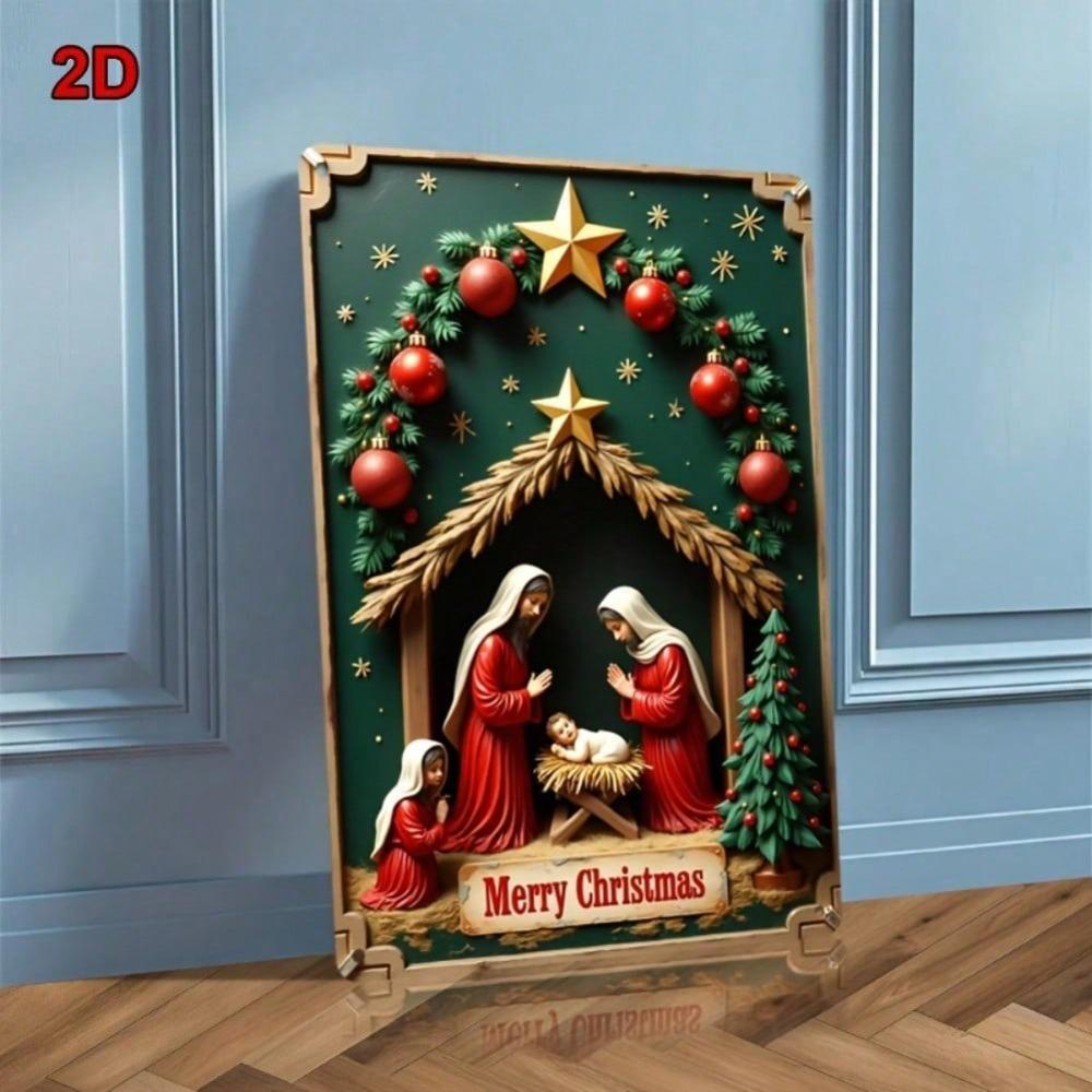 Vintage Metal Tin Sign 8x12 Inch Christmas Nativity Scene Decoration for Home Living Room Bedroom Study Bar