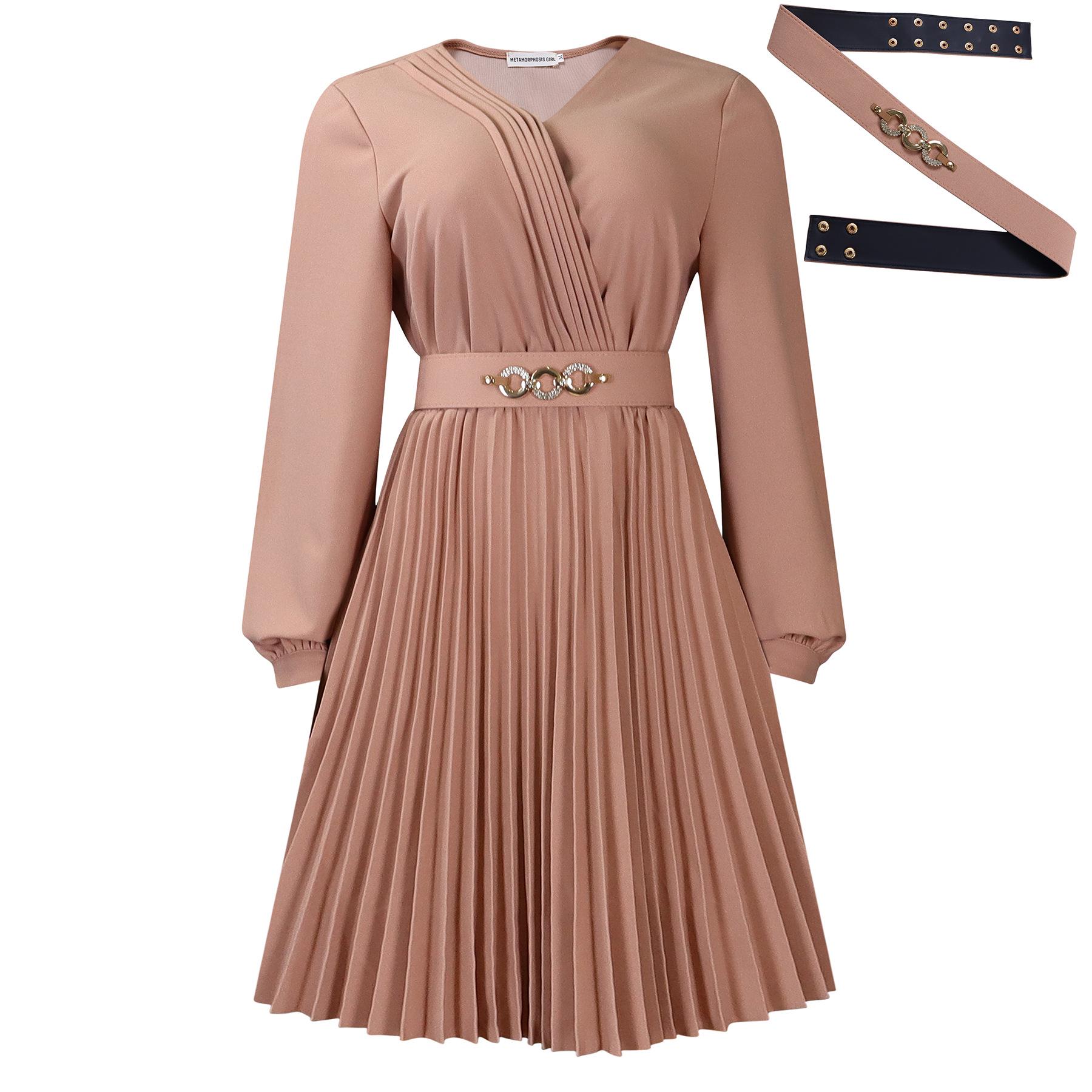 Elegant V-Neck Pleated Plus Size Solid Color Dress - European & American Style S