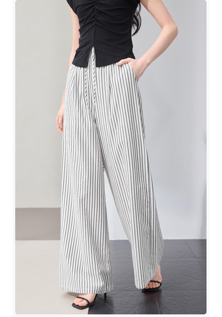 High waisted striped straight leg wide leg pants with crotch covering