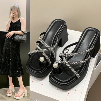 Fashion 2024 Summer Clip Toe Women Slipper Fashion Elegant Crystal Narrow Band Thick Heel Slides Ladies Elegant Dress Sandalias Shoes