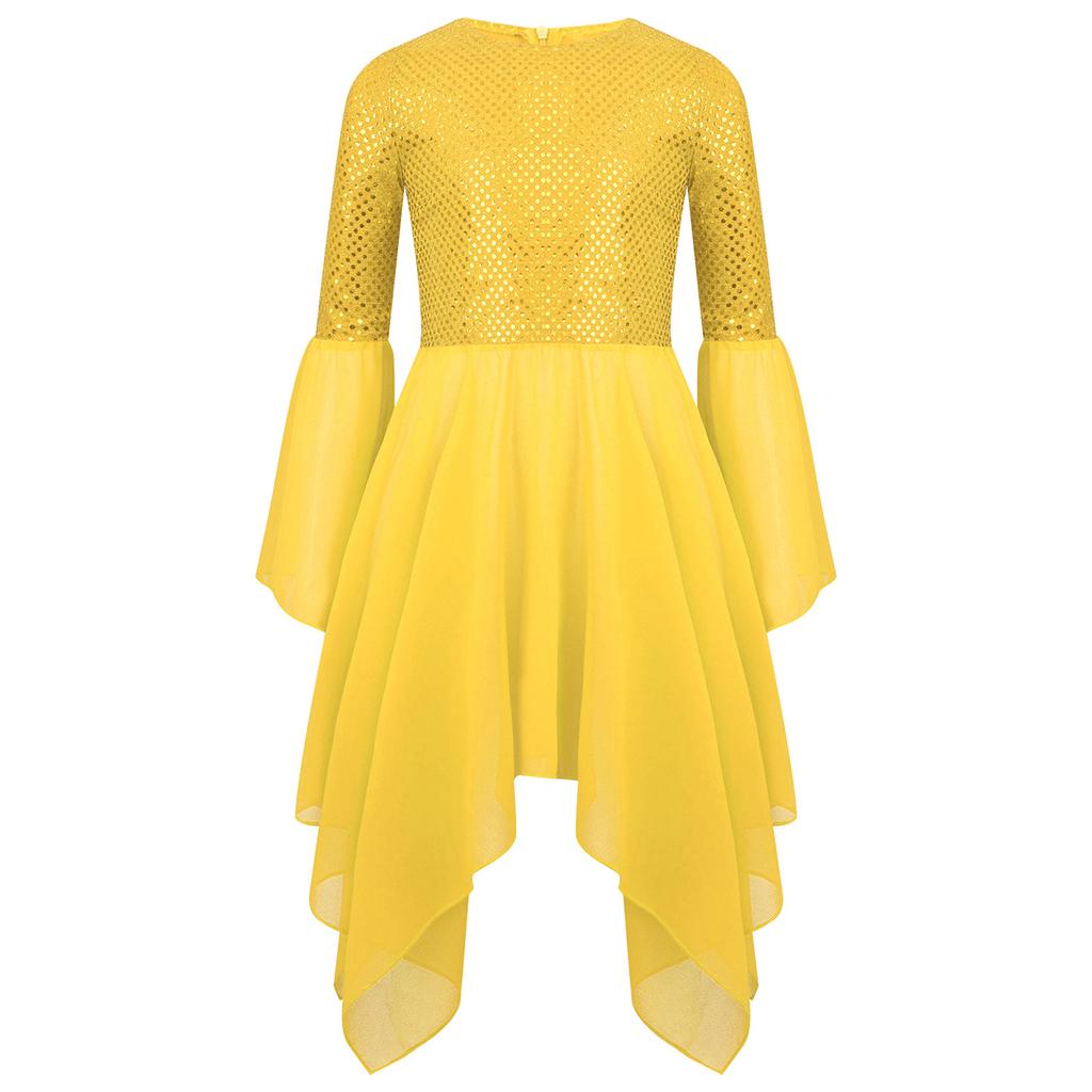 Girls Liturgical Dance Dress Shiny Sequins Patchwork Round Neck Flared Sleeve Asymmetrical Hem Performance Tunic