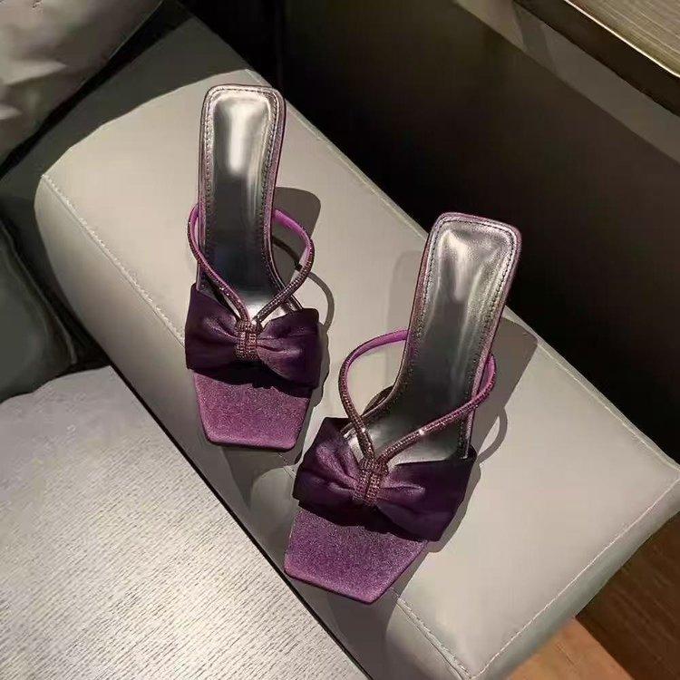 

2025 new summer nude rhinestone square head sandals women s fine heel temperament beautiful women s cool slippers high heels 40 фиолетовый