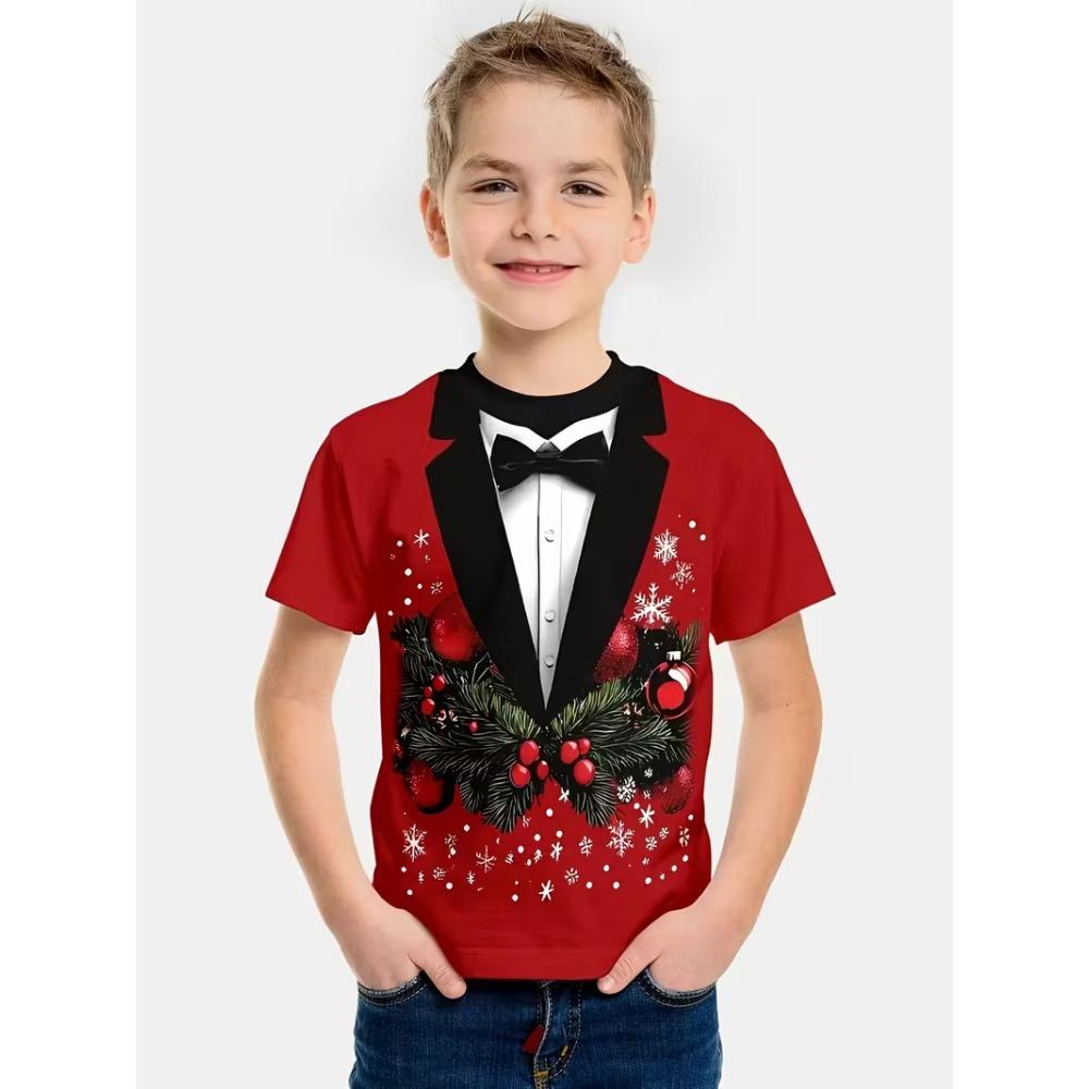 

Детская рождественская и летняя футболка с коротким рукавом, милый красный мультяшный принт в виде смокинга, забавная футболка-топ 160