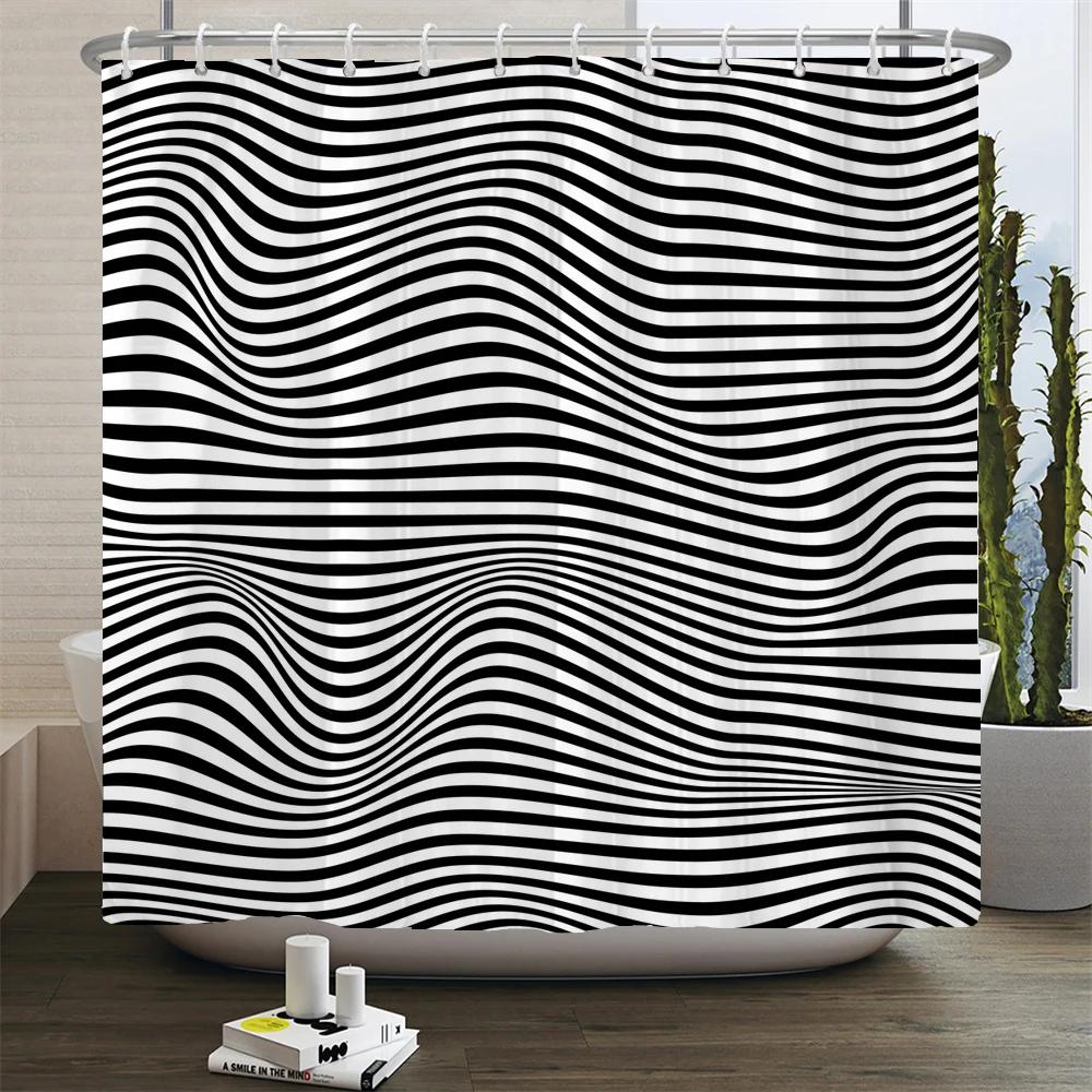 Black and White Geometric Pattern Shower Curtain Bathroom Waterproof Polyester Fabric Bath Screen Curtain Decor for Bathtub