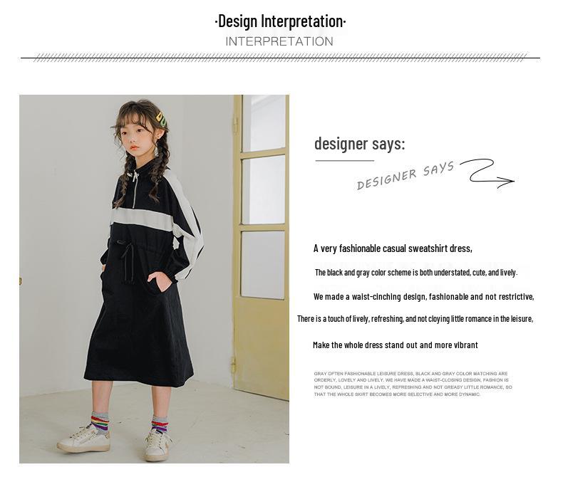 Spring/Autumn 2024 Girls' Casual Patchwork Stand Collar Long Sleeve Dress for Parent-Child