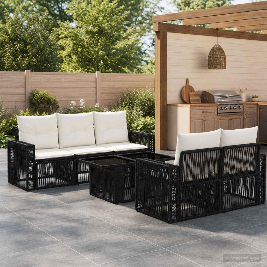 Garden Sofa Set 6 Pieces Black and Cream White Poly Rattan