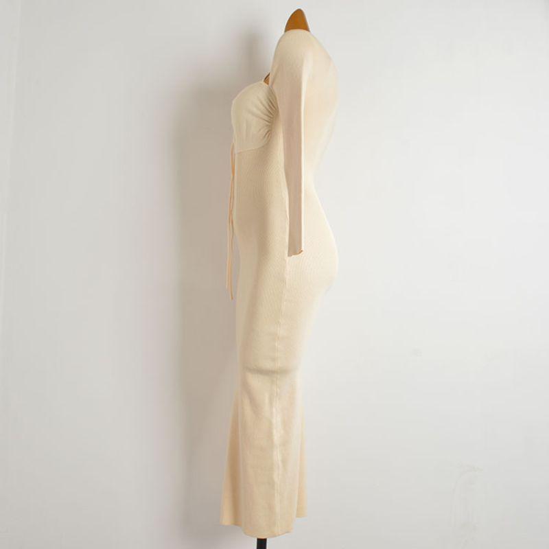 Fashion Style Sexy Low Cut Halterneck Knitting Dress Women's Tight Waist Thin over the Knee off-Shoulder Spaghetti Straps Long Skirt