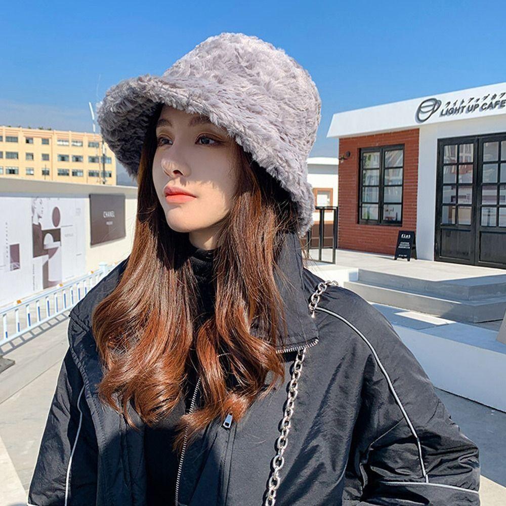 Umělá kožešina Plyšová čepice Bucket Klobouk Furry Panama čepice Outdoor Fisherman Cap Women
