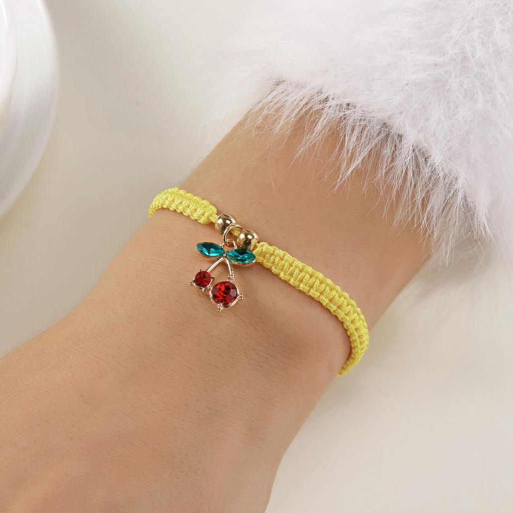 Fashion Simple Rhinestone Cherry Braided Bracelet for Women Delicate Colorful Charm Rope Bracelet Girls Party Jewelry Gift
