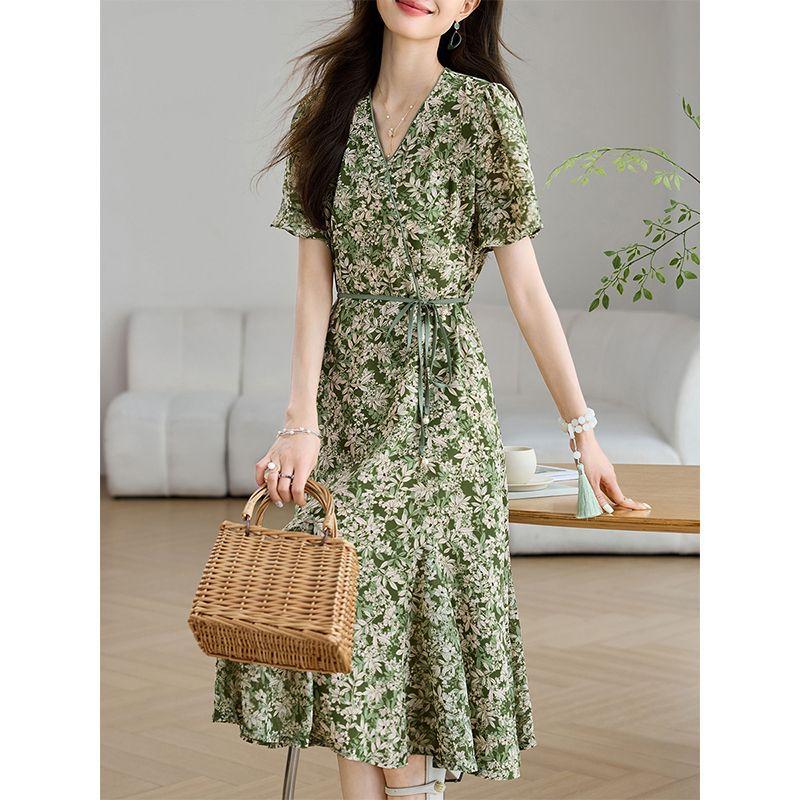 

Шифоновое летнее платье для женщин, летний новый стиль, облегающая талию, утягивающая юбка с цветочным принтом и короткими рукавами 2XL