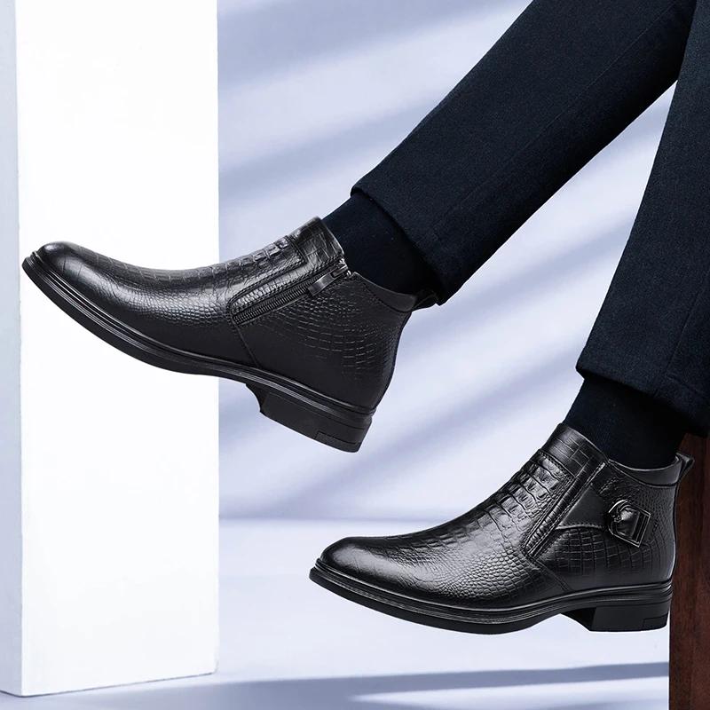 Fashion Mens Genuine Leather High Quality Boots Fashion Causal Boots Chelsea Shoes Pointed Boots Business Warm Plush Cowboy Ankle Boots