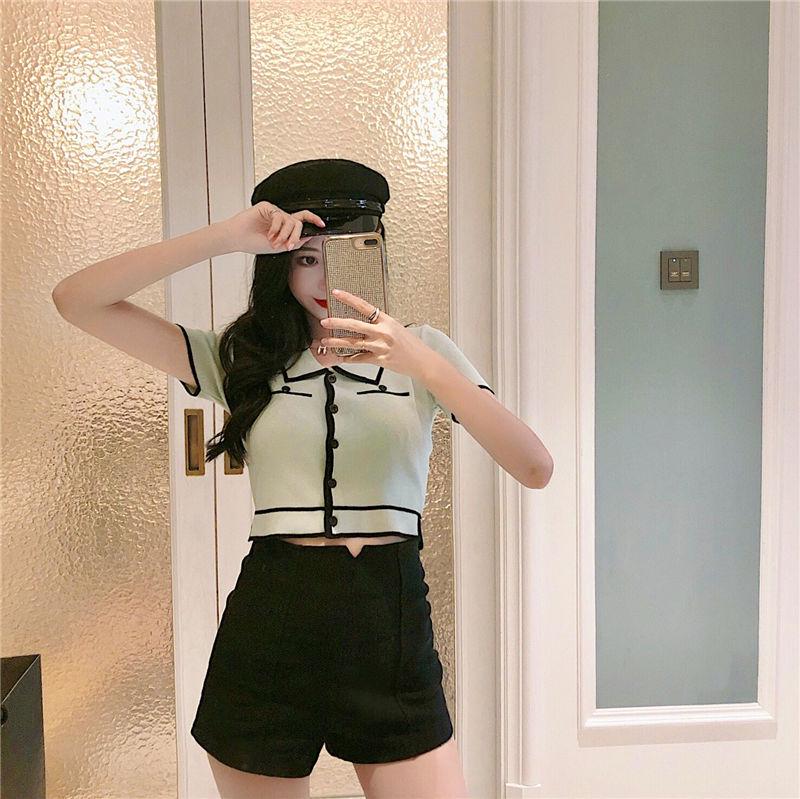 Summer Retro Color Block Knit Top with Turn-Down Collar - Slim Fit Ice Silk Short Sleeve Crop T-Shirt