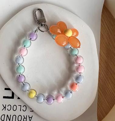 Hot Selling Colorful Fashion Women's Hanging Chain Ring Code Wrist Strap Clip Cute Flower Bead Mobile Phone Lanyard