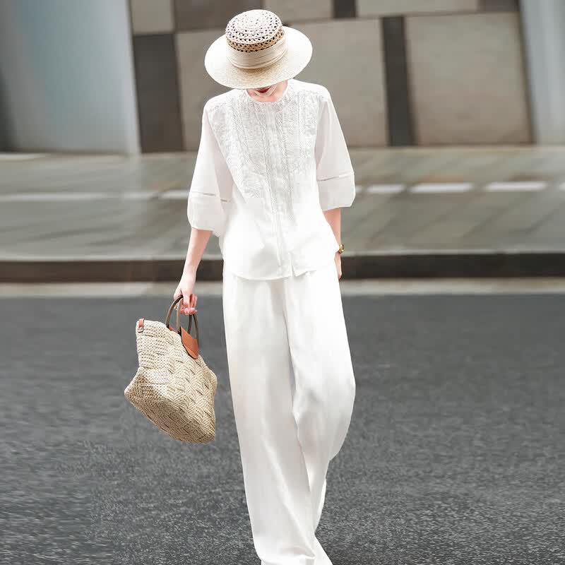 Lanse'er Women's Embroidered Lantern Sleeve Cotton Blouse
