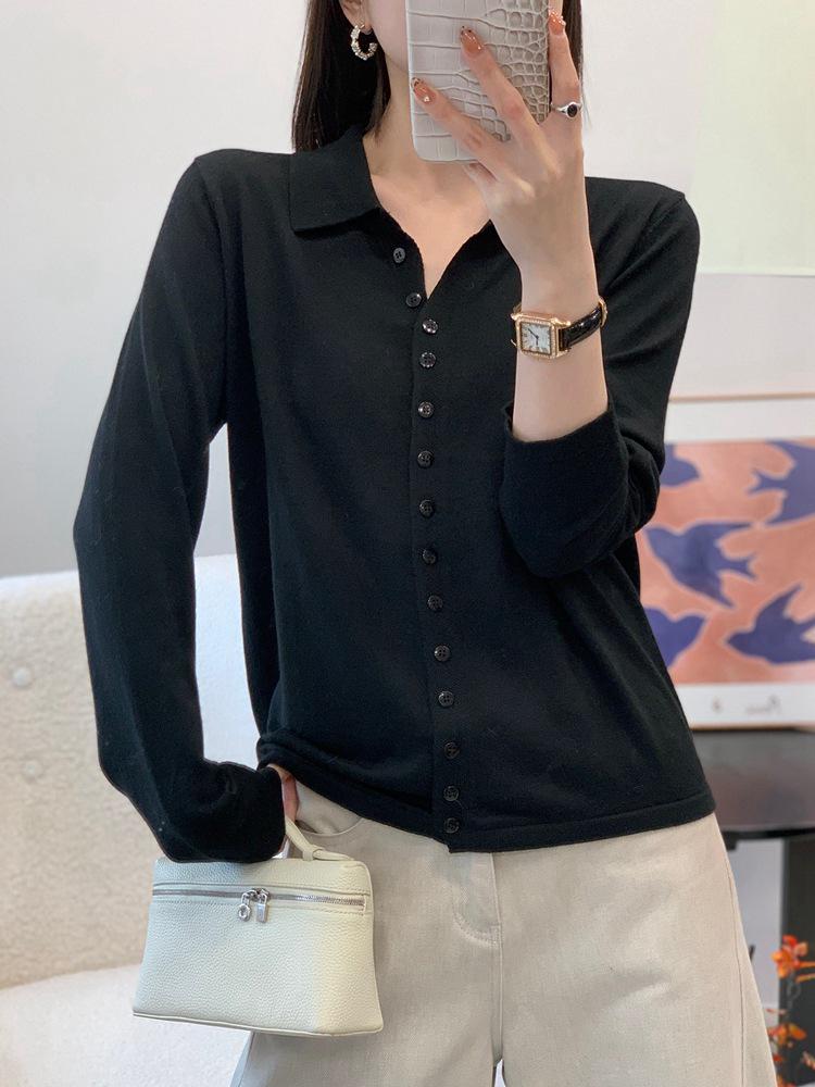 Women's Korean Style Lapel Wool Knit Cardigan with POLO Collar - Long Sleeve, Versatile, Casual Sweater for Spring.