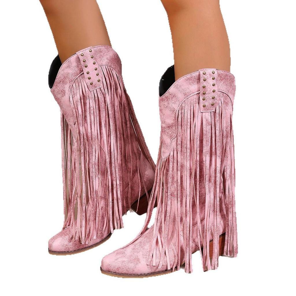 Autumn Fashion Women PU Plus Size Shoes for Women 36-43 Mid-calf Platform Tassel Pointed Toe Boots Casual Daily Footwear