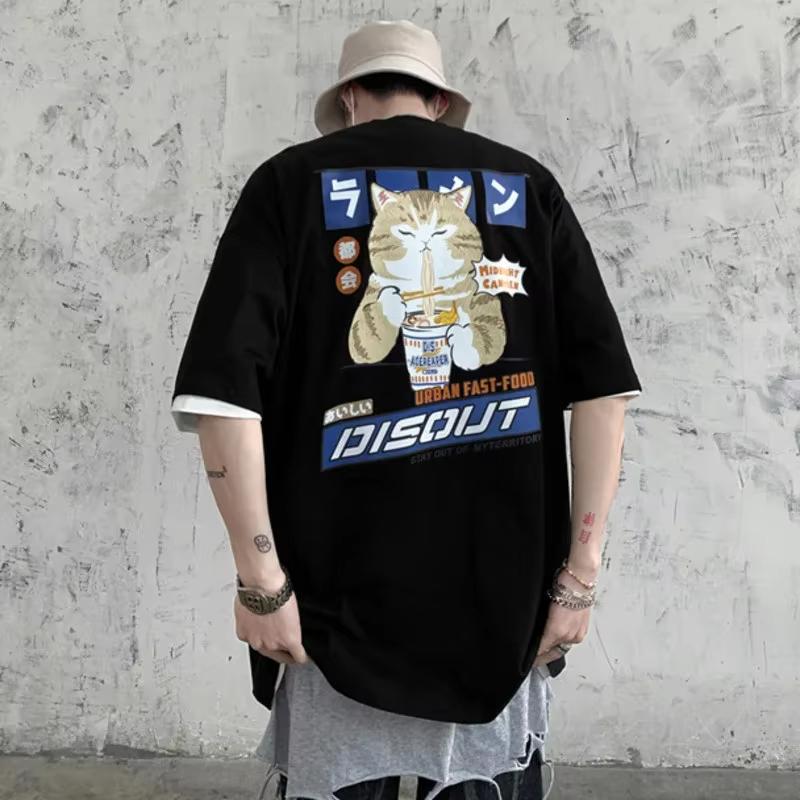 Japan Style Harajuku Cat Cartoon Eating Noodles Graphic Men's Tshirts Oversized T Shirt Clothing Casual Unisex Short Sleeve Tees