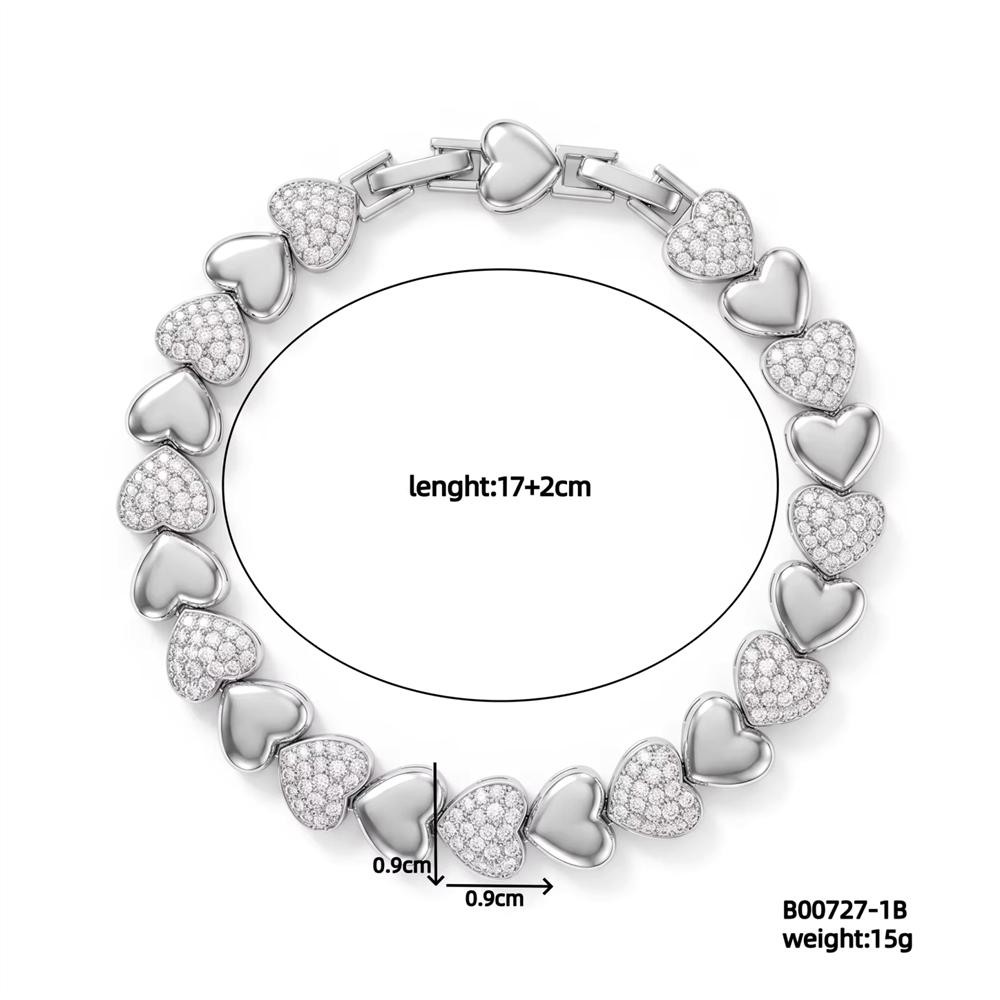 Trendy Heart-shaped Brass Zircon Decor Bracelet with Stainless Steel Chain Elegant Daily Ladies Bling Hand Jewelry