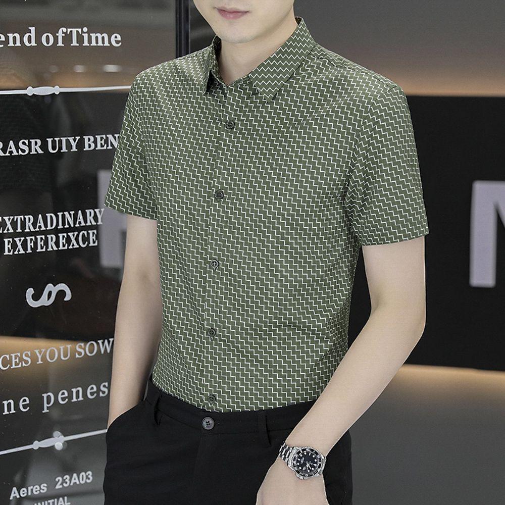 Shirt Short-sleeved Ice Silk Striped Men's Slim Summer New Casual Shirt